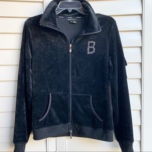 BCBGMAXAZRIA black studded velour zip up jacket with front pockets